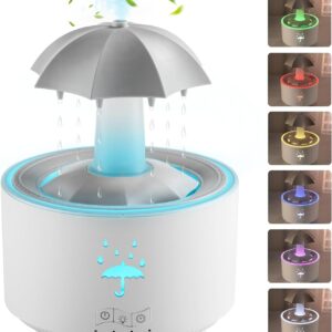 Rain Umbrella Humidifier & Aroma Diffuser with Soothing Rain Sounds. Water Drip Effect. 7 Colors Mood Light. Timer and Auto-Off. Ideal for Relaxation. Sleep. Home. Bedroom. Desk(white)